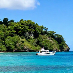 Caribbean Holidays, September Diving, A small dive boat travelling along Dominica's lush green coast under bright September sunshine