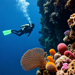 Caribbean Holidays, September Diving, Divers swimming beside a deep volcanic underwater wall with sponges, sea fans and colourful reef fish near Dominica