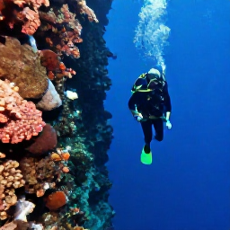 Caribbean Holidays, September Diving, Experienced scuba divers descending beside a dramatic underwater wall near Grand Bahama