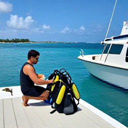Caribbean Holidays, September Diving, Friendly dive guide preparing scuba equipment beside a boat in a sunny Bahamas harbour