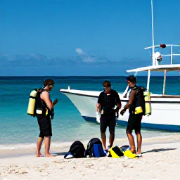 Caribbean Holidays, September Diving, Friendly scuba divers preparing equipment beside a boat on an Antigua beach