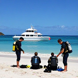 Caribbean Holidays, September Diving, Friendly scuba diving boat departing from a sandy beach in Sint Maarten, divers preparing equipment beneath bright Caribbean sunshine