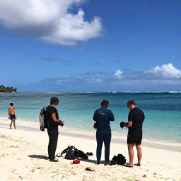 Caribbean Holidays, September Diving, Friendly scuba diving instructors preparing equipment with holidaymakers beside a Caribbean beach in Dominica