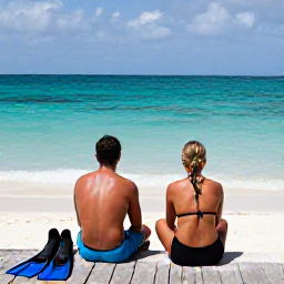 Caribbean Holidays, September Diving, Relaxed couple sitting at a Caribbean beach bar after scuba diving, with fins and masks nearby