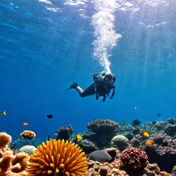 Caribbean Holidays, September Diving, Scuba diver exploring a colourful Caribbean reef near Saint Martin in clear blue water, tropical fish and sunlight filtering from the surface