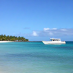 Caribbean Holidays, September Diving, Small Caribbean dive boat anchored beside a calm turquoise bay with palm-fringed islands in the background