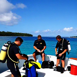 Caribbean Holidays, September Diving, Small group of scuba divers preparing equipment on a boat in a calm bay near Saint Lucia