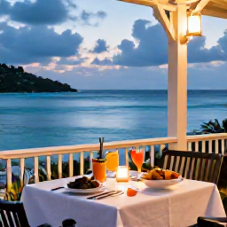 Caribbean Holidays, September Escapes, A relaxed Caribbean dinner for two on a terrace overlooking the sea in the British Virgin Islands, with fresh seafood, tropical drinks and evening light