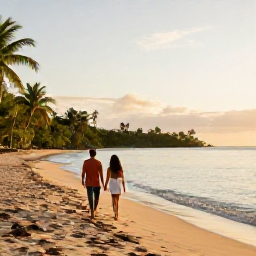 Caribbean Holidays, September Escapes, A relaxed couple walking along a quiet golden beach on Saint Kitts at sunrise, with calm Caribbean water and tropical greenery