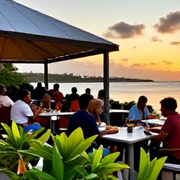 Caribbean Holidays, September Escapes, A relaxed waterfront restaurant in St Croix at sunset, with outdoor tables, tropical plants and diners enjoying Caribbean food