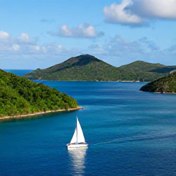 Caribbean Holidays, September Escapes, A small sailing boat passing between the green islands of the British Virgin Islands on a bright September day, with clear blue water and dramatic coastal scenery