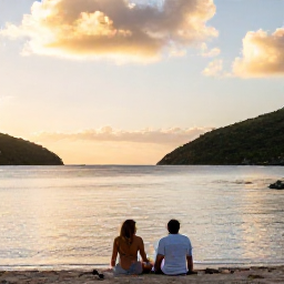 Caribbean Holidays, September Escapes, An adult couple relaxing on a quiet British Virgin Islands beach at sunset, with soft golden light, calm water and green hills in the distance