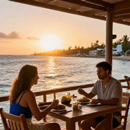 Caribbean Holidays, September Escapes, Couple dining outdoors at a relaxed Cura&ccedil;ao restaurant at sunset, local food, warm evening light and island scenery