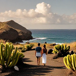 Caribbean Holidays, September Escapes, Couple exploring Cura&ccedil;ao countryside near rugged coastline and cactus plants in warm September sunshine