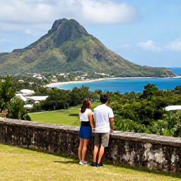 Caribbean Holidays, September Escapes, Couple exploring historic Brimstone Hill Fortress on Saint Kitts, with dramatic tropical hills and blue sea in the background
