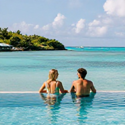 Caribbean Holidays, September Escapes, Couple relaxing beside an infinity pool at a British Virgin Islands all-inclusive resort, overlooking a calm Caribbean bay