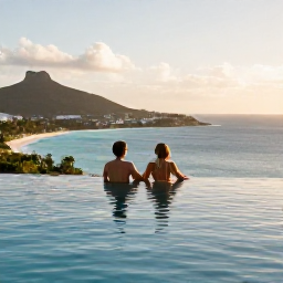 Caribbean Holidays, September Escapes, Couple relaxing beside an infinity pool at an adults-only hotel in Saint Barth&eacute;lemy, overlooking the Caribbean Sea in warm September sunshine