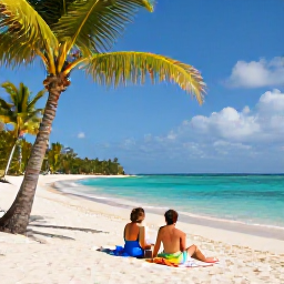 Caribbean Holidays, September Escapes, Couple relaxing on a peaceful Caribbean beach in Nevis, with palm trees, turquoise sea and a small beach picnic