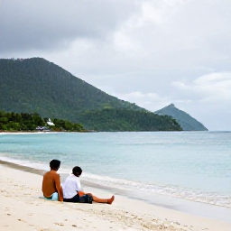 Caribbean Holidays, September Escapes, Couple relaxing on a quiet beach in Saint Vincent and the Grenadines during September, soft tropical rain clearing over green hills and a calm blue sea