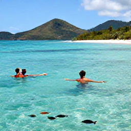 Caribbean Holidays, September Escapes, Couple snorkelling in clear Caribbean water near a small tropical island in Saint Vincent and the Grenadines, colourful fish below and green hills in the distance