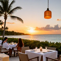 Caribbean Holidays, September Escapes, Elegant adults-only beachfront restaurant at sunset in Turks and Caicos, with a couple dining outdoors beside the sea