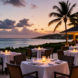Caribbean Holidays, September Escapes, Elegant adults-only Caribbean resort dining terrace at sunset on Saint Kitts, with candlelit tables and tropical sea views