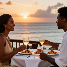 Caribbean Holidays, September Escapes, Fresh Caribbean seafood dinner for two on a relaxed open-air terrace overlooking the sea at sunset in Saint Vincent and the Grenadines