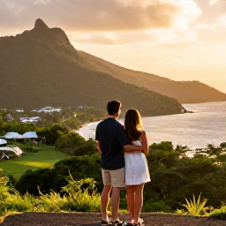 Caribbean Holidays, September Escapes, Happy couple overlooking the Caribbean from a scenic viewpoint on Saint Kitts, surrounded by green hills and warm late-afternoon light