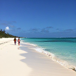 Caribbean Holidays, September Escapes, Long white sandy beach and clear shallow turquoise water on Providenciales, Turks and Caicos, with a couple walking along the shore