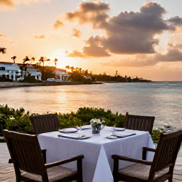 Caribbean Holidays, September Escapes, Outdoor table for two overlooking a Caribbean bay at sunset, with French and Dutch island details in the background