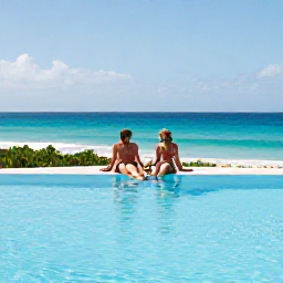 Caribbean Holidays, September Escapes, Peaceful Cura&ccedil;ao resort pool overlooking the Caribbean Sea with a couple relaxing together in September sunshine