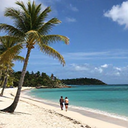 Caribbean Holidays, September Escapes, Quiet sandy beach in the British Virgin Islands during September, with palm trees, calm turquoise sea and a couple walking along the shoreline