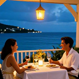 Caribbean Holidays, September Escapes, Romantic outdoor dinner for two at a Caribbean restaurant in Saint Kitts, with warm lantern light and evening sea views