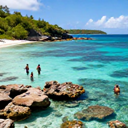 Caribbean Holidays, September Escapes, Snorkellers exploring a colourful reef in clear shallow water near the British Virgin Islands, with tropical fish and rocky coastline