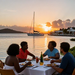 Caribbean Holidays, September Family Holidays, A family eating an informal sunset dinner overlooking the harbour on Tortola in the British Virgin Islands