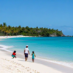 Caribbean Holidays, September Family Holidays, A family enjoying a calm turquoise beach and palm-fringed bay on Tortola in the British Virgin Islands during September