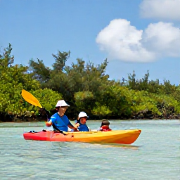 Caribbean Holidays, September Family Holidays, A family exploring the shallow waters and mangroves of Turks and Caicos on a guided kayak excursion
