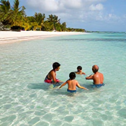 Caribbean Holidays, September Family Holidays, A family snorkelling together in clear shallow water near a sandy beach in Providenciales, Turks and Caicos