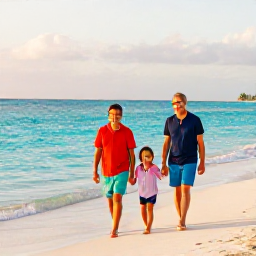 Caribbean Holidays, September Family Holidays, A happy family walking along a sunny Caribbean beach in September, turquoise sea, soft sand and gentle morning light