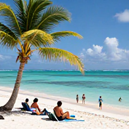 Caribbean Holidays, September Family Holidays, A relaxed family scene on Grace Bay Beach in Turks and Caicos, with children playing in shallow turquoise water and parents relaxing under a palm tree
