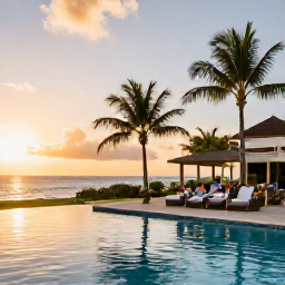 Caribbean Holidays, September Family Holidays, A welcoming family-friendly resort in Turks and Caicos at sunset, with a swimming pool, palm trees and families dining outdoors
