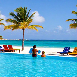 Caribbean Holidays, September Family Holidays, Family enjoying a calm Caribbean resort pool beside a sandy beach, palm trees, colourful loungers and clear blue water