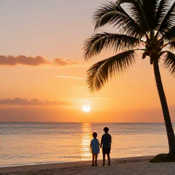 Caribbean Holidays, September Family Holidays, Parents and children watching a colourful Caribbean sunset from a quiet beach, warm golden light and palm silhouettes