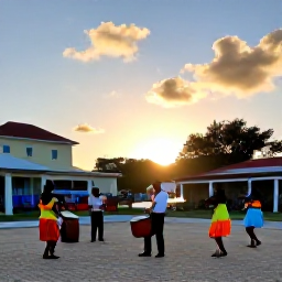Caribbean Holidays, September Festivals, Caribbean cultural performance at sunset with drummers, dancers and colourful costumes in an open-air town square