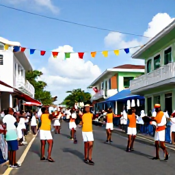 Caribbean Holidays, September Festivals, Colourful Caribbean street festival in September with dancers, musicians, flags and local families celebrating in a historic town