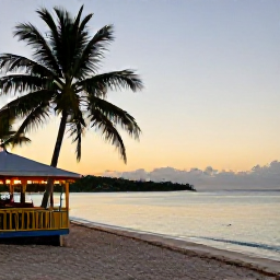 Caribbean Holidays, September Festivals, Quiet Antiguan beach at sunset with calm turquoise water, palm trees and a small local caf&eacute;
