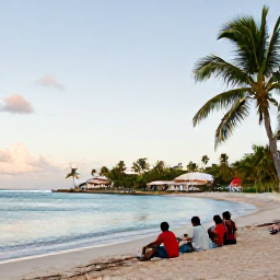 Caribbean Holidays, September Festivals, Relaxed Caribbean beach and cultural village setting in September with calm sea, palm trees and a small group of travellers enjoying the afternoon