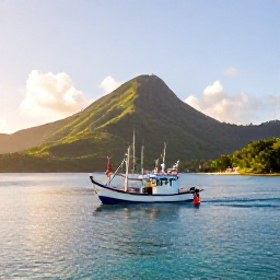 Caribbean Holidays, September Fishing, A colourful fishing boat leaving a calm Caribbean harbour at sunrise near Saint Vincent, with green volcanic hills and turquoise water