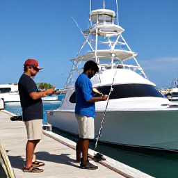 Caribbean Holidays, September Fishing, A friendly fishing crew preparing rods and tackle beside a modern boat in a Cura&ccedil;ao marina