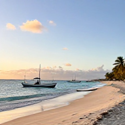 Caribbean Holidays, September Fishing, A peaceful September afternoon on a Saint Martin beach with fishing boats offshore and palm trees along the shore